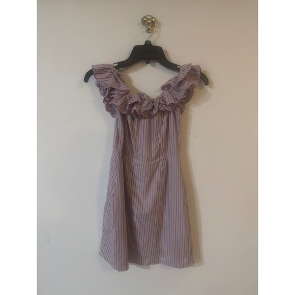 Wayf Dresses & Skirts - WAYF Pink Blue Striped Ruffle Off Shoulder Mini Dress XS Cotton Blend Fit Flare
